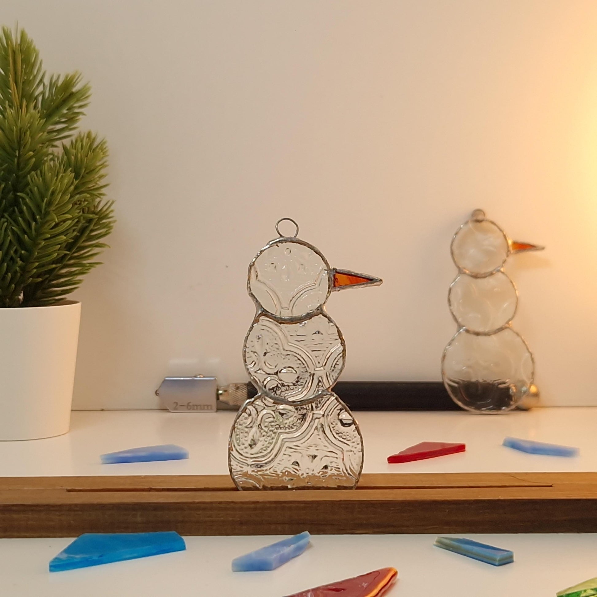Handcrafted Stained Glass Snowman Suncatcher | Clear Textured Glass Ornament | Garden of Glass