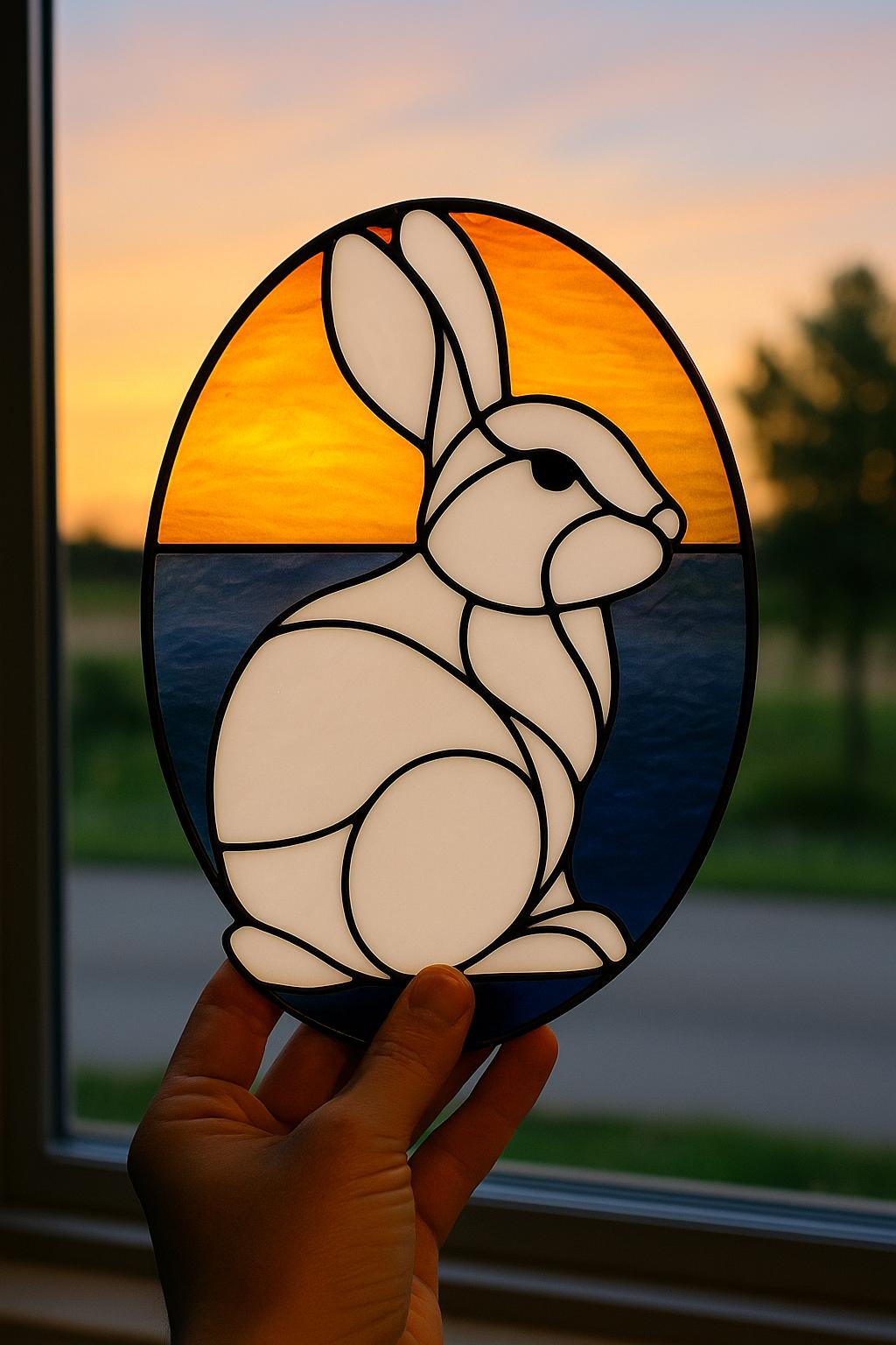 Bunny Rabbit Stained Glass Pattern PDF – Oval Sunset Window Panel Design, Minimalist Hare Suncatcher Template, Digital Download