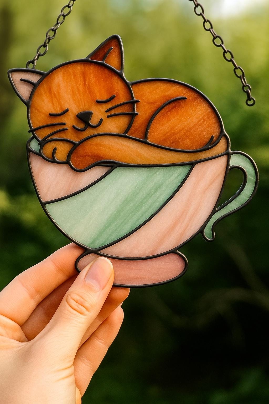 Sleeping Cat in Teacup Stained Glass Pattern – Whimsical Cozy Animal PDF Template