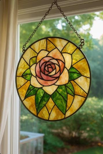 Rose Bloom Stained Glass Pattern – Elegant Round Floral Panel PDF