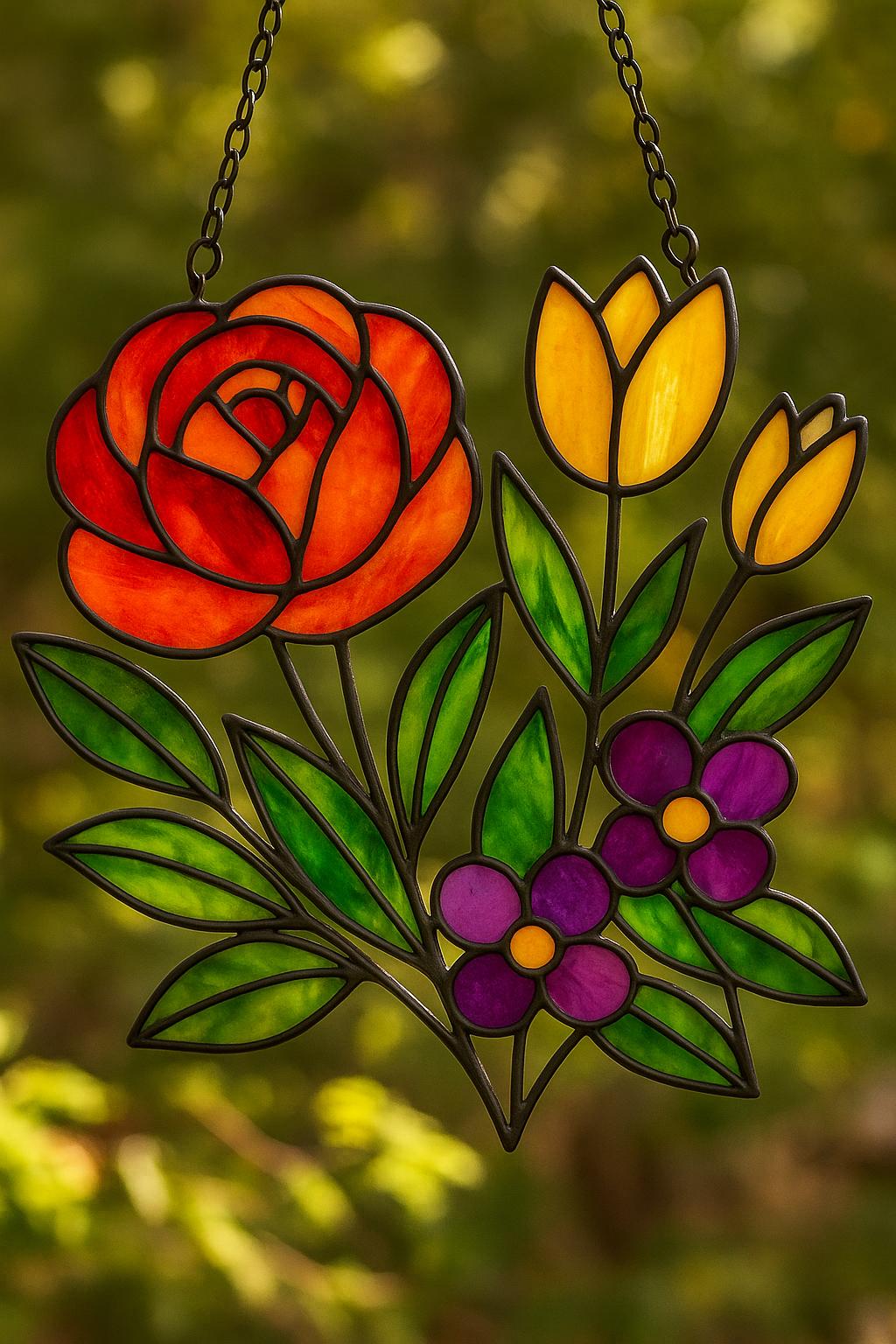 Flower Bouquet Stained Glass Pattern PDF – Mixed Spring Blooms Suncatcher Design | Digital Download for DIY Glass Art