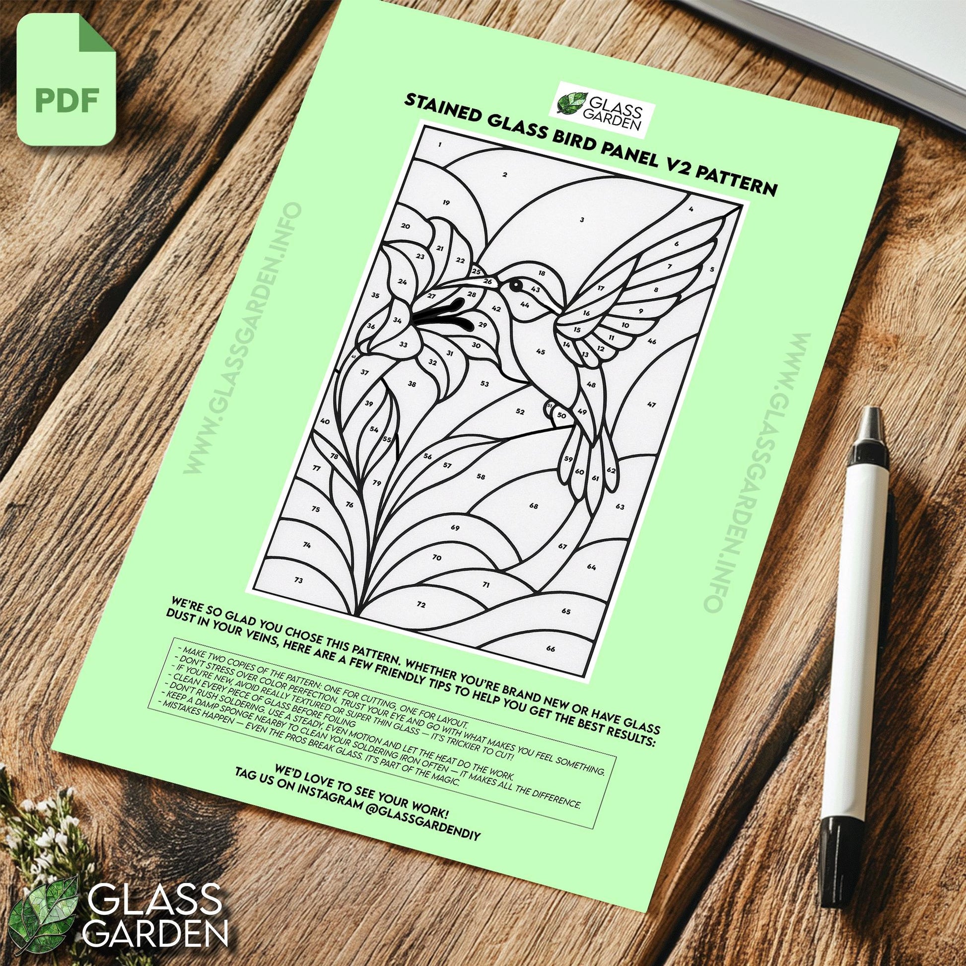 Hummingbird and Lily Stained Glass Pattern PDF – Elegant Floral Panel Design | Digital Download for Window Art