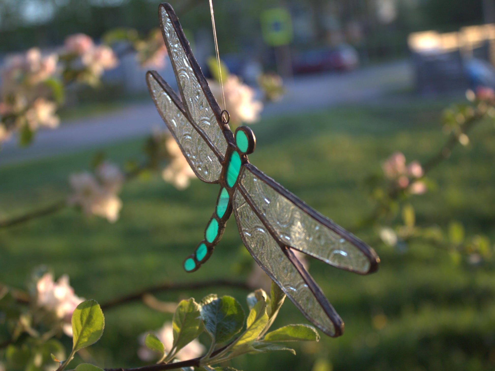 Handcrafted Stained Glass Dragonfly Suncatcher with Blue Accents | Garden of Glass | Nature-Inspired Window Decoration