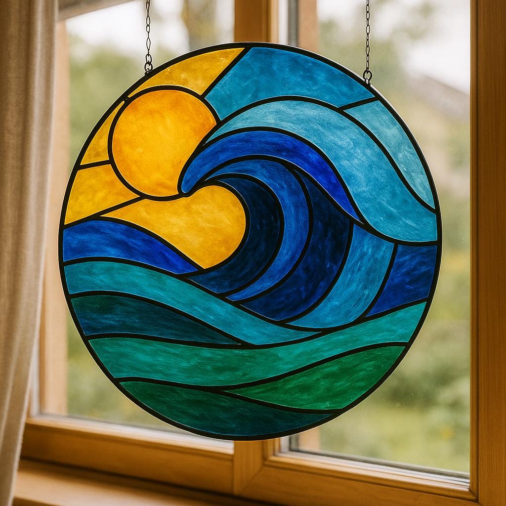 Ocean Wave & Sun Stained Glass Pattern – Round Window Panel PDF Template