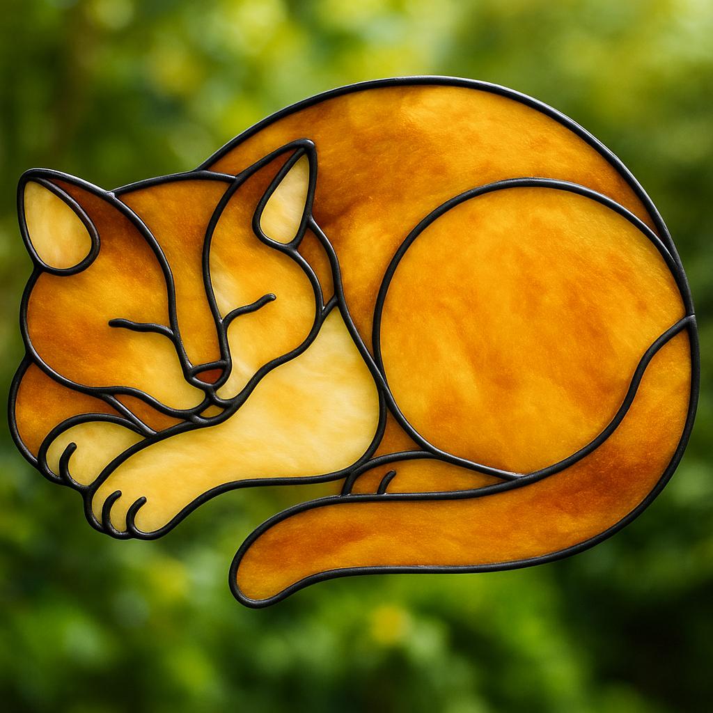 Sleeping Cat Stained Glass Pattern PDF – Cozy Curled Kitty Suncatcher | Digital Download for DIY Glass Art