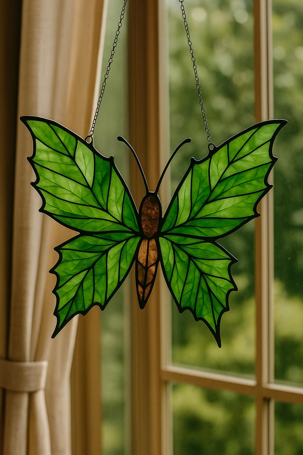 Leaf Butterfly Stained Glass Pattern – Nature-Inspired PDF Suncatcher Template