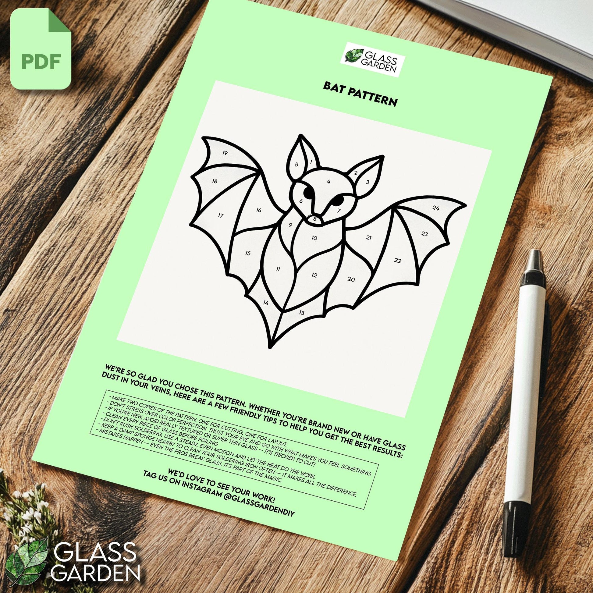 Bat with Open Wings – Stained Glass Pattern for Halloween or Nature Decor (Digital PDF)