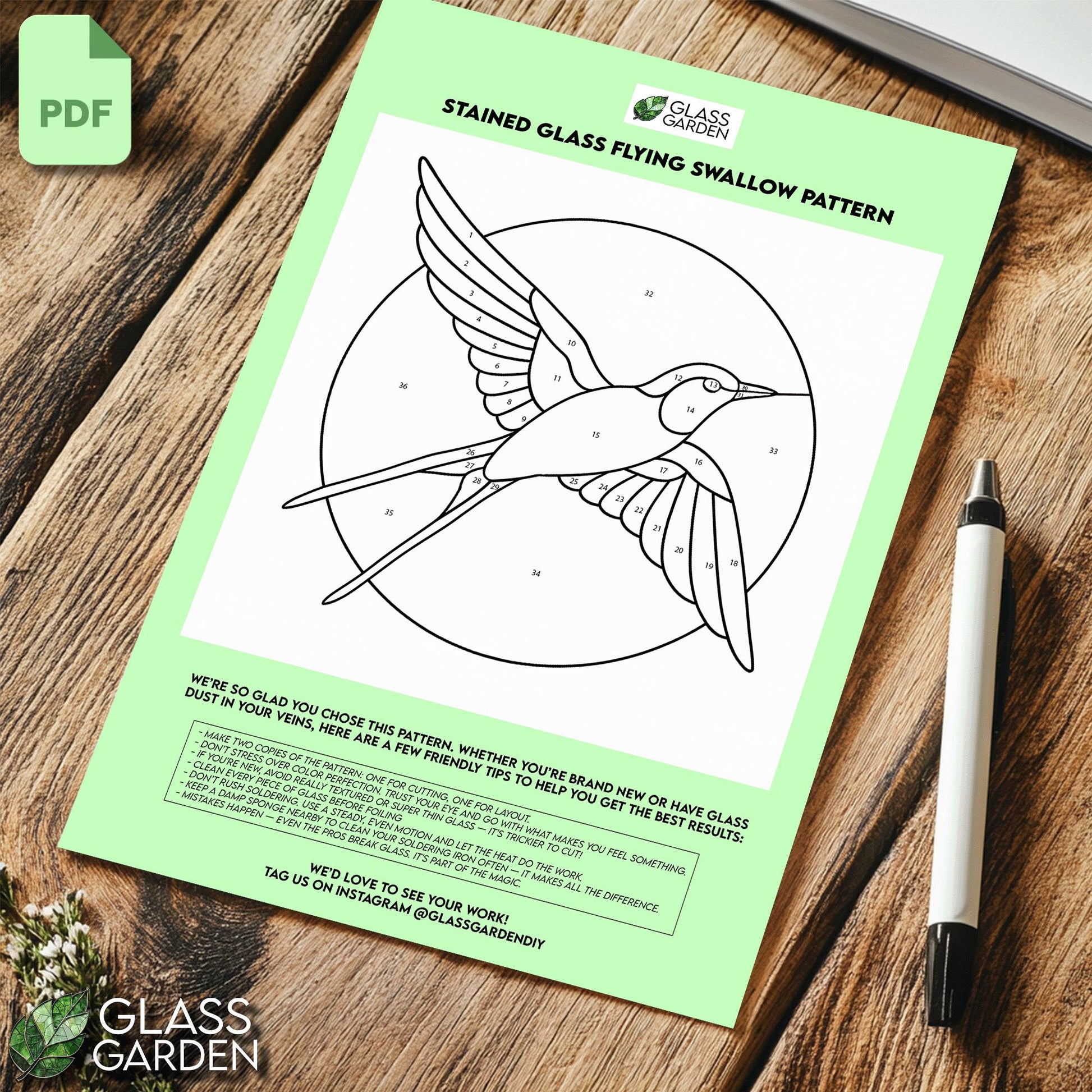 Flying Swallow Stained Glass Pattern – Elegant Bird Suncatcher Template (Digital Download)