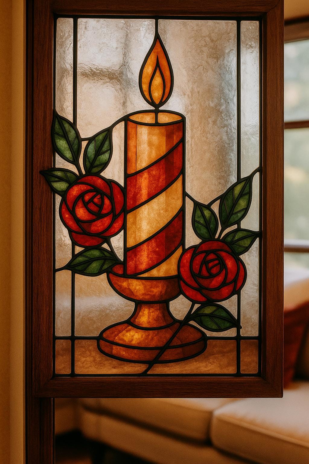 Candle with Roses – Stained Glass Pattern (Digital PDF Download)