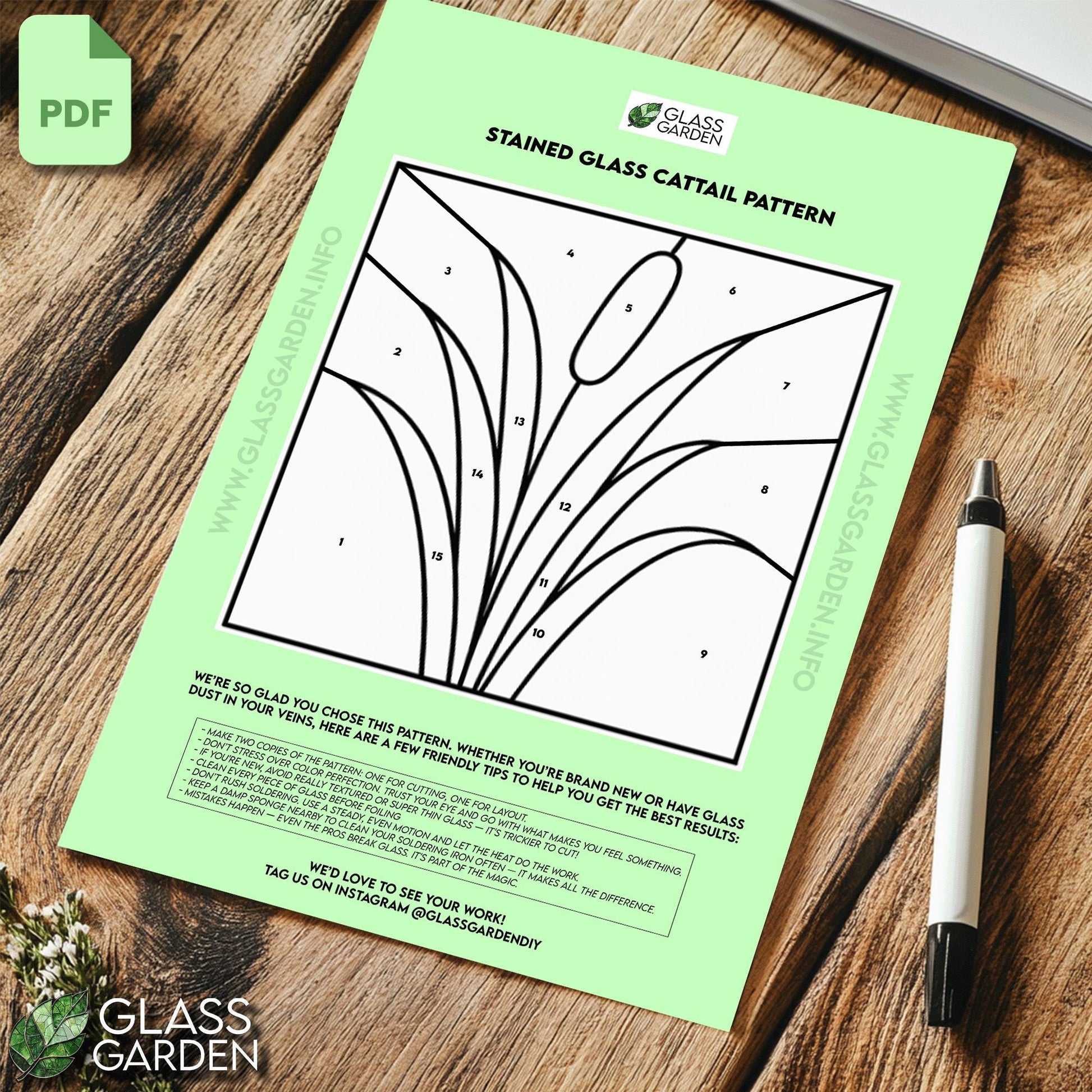 Cattail Stained Glass Pattern PDF – Minimalist Marsh Grass Window Panel | Digital Download for DIY Nature-Inspired Suncatcher