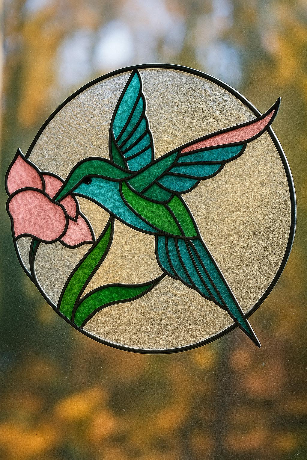 Hummingbird and Flower Stained Glass Pattern - Round Digital PDF for Suncatcher or Panel