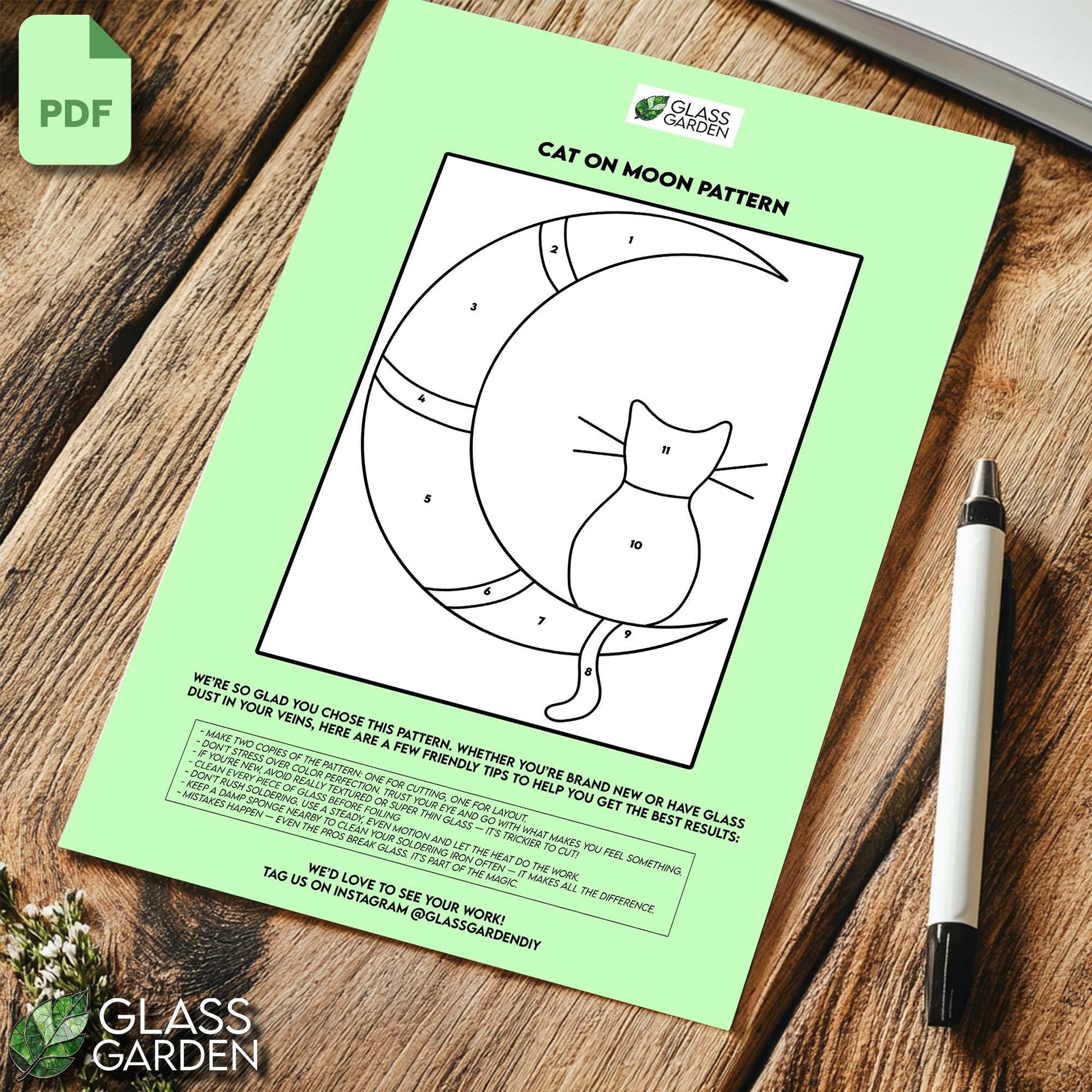 Cat on Moon Stained Glass Pattern PDF – Whimsical Night Panel Template | Digital Download for DIY Glass Art