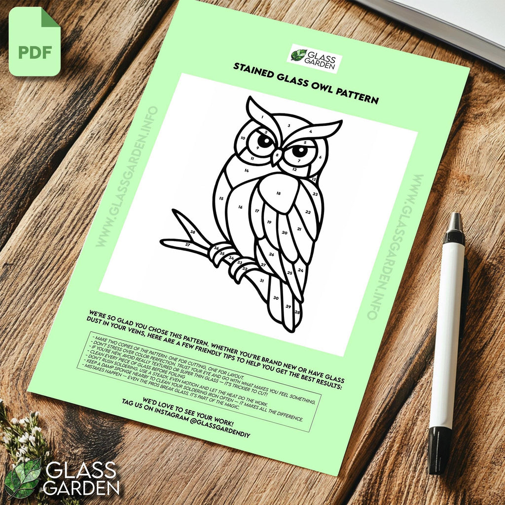 Owl Stained Glass Pattern PDF – Whimsical Woodland Bird Panel Design | Digital Download for DIY Window Art