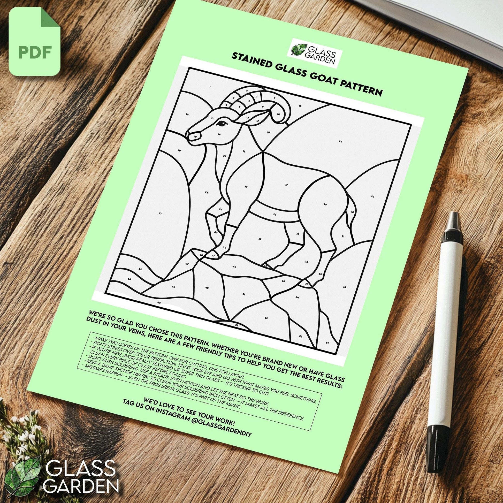 Mountain Ibex Stained Glass Pattern – PDF Template for Suncatcher or Panel, DIY Goat Stained Glass Art, Digital Download
