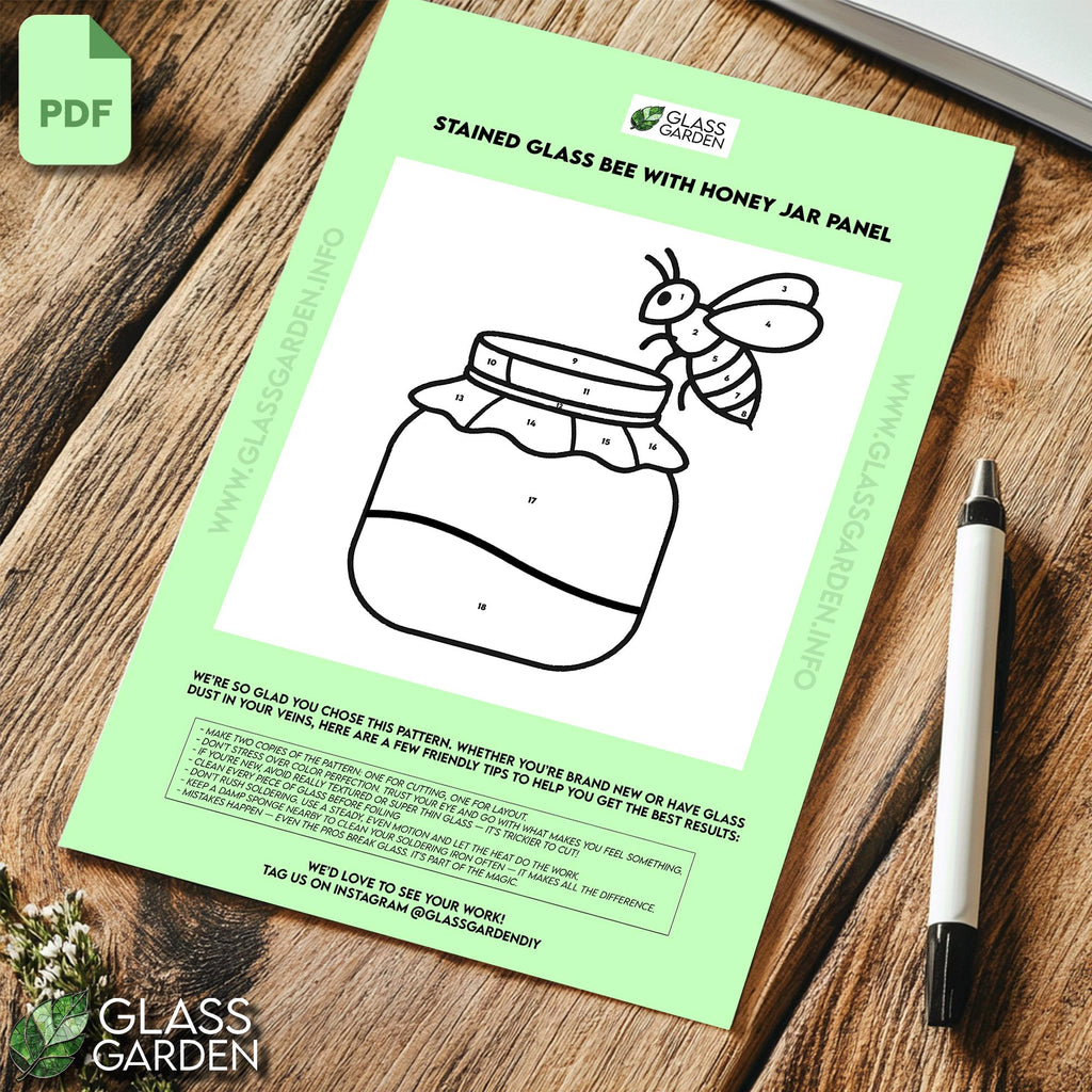 Honey Jar and Bee Stained Glass Pattern PDF – Sweet Kitchen Suncatcher Design | Digital Download for DIY Craft