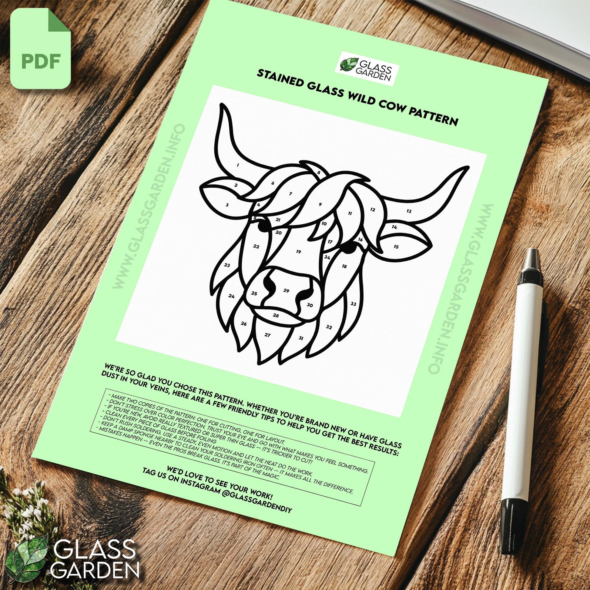 Highland Cow Stained Glass Pattern PDF – Rustic Farmhouse Panel Design | Digital Download for DIY Glass Art
