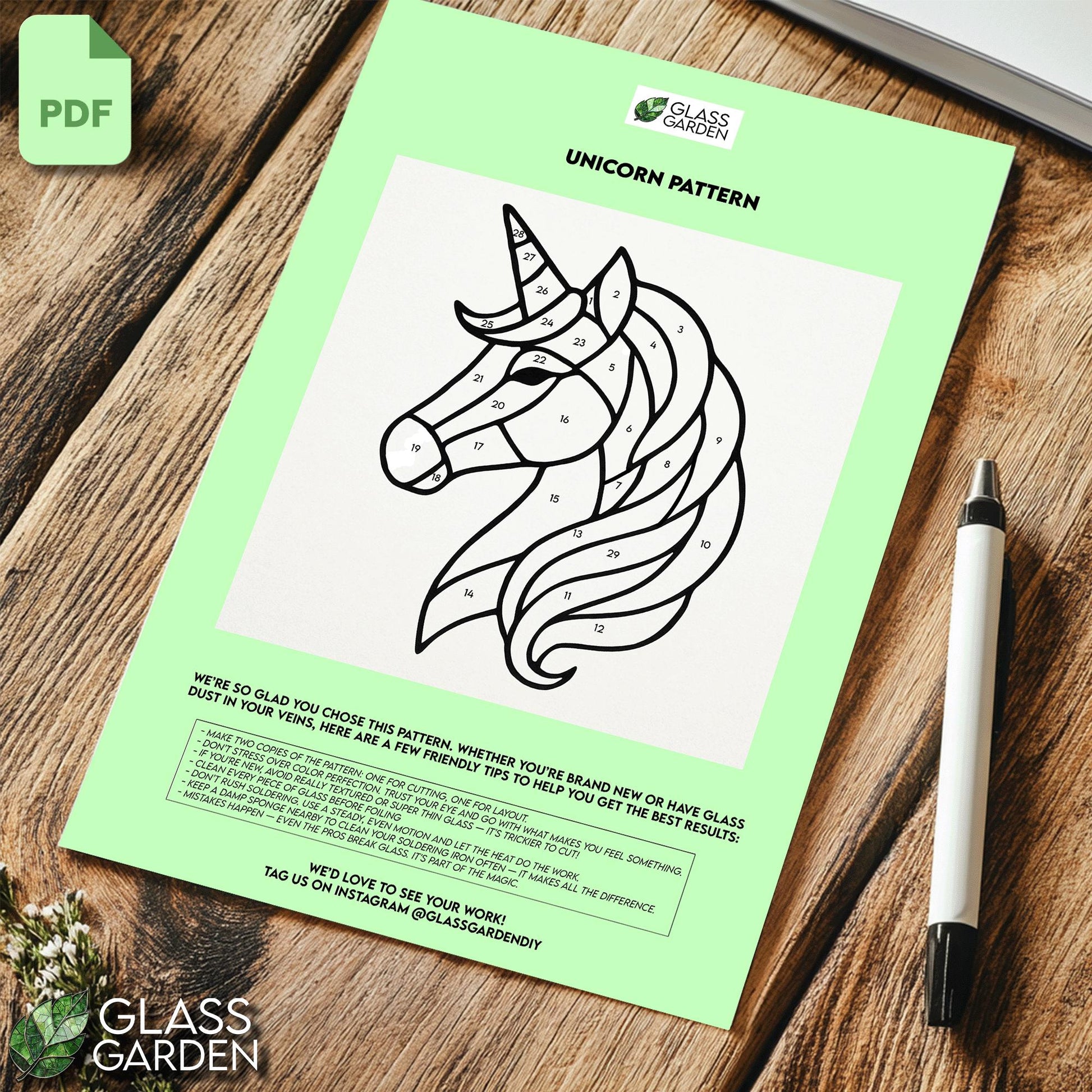 Unicorn Stained Glass Pattern PDF – Printable Fantasy Suncatcher Template for DIY Glass Art