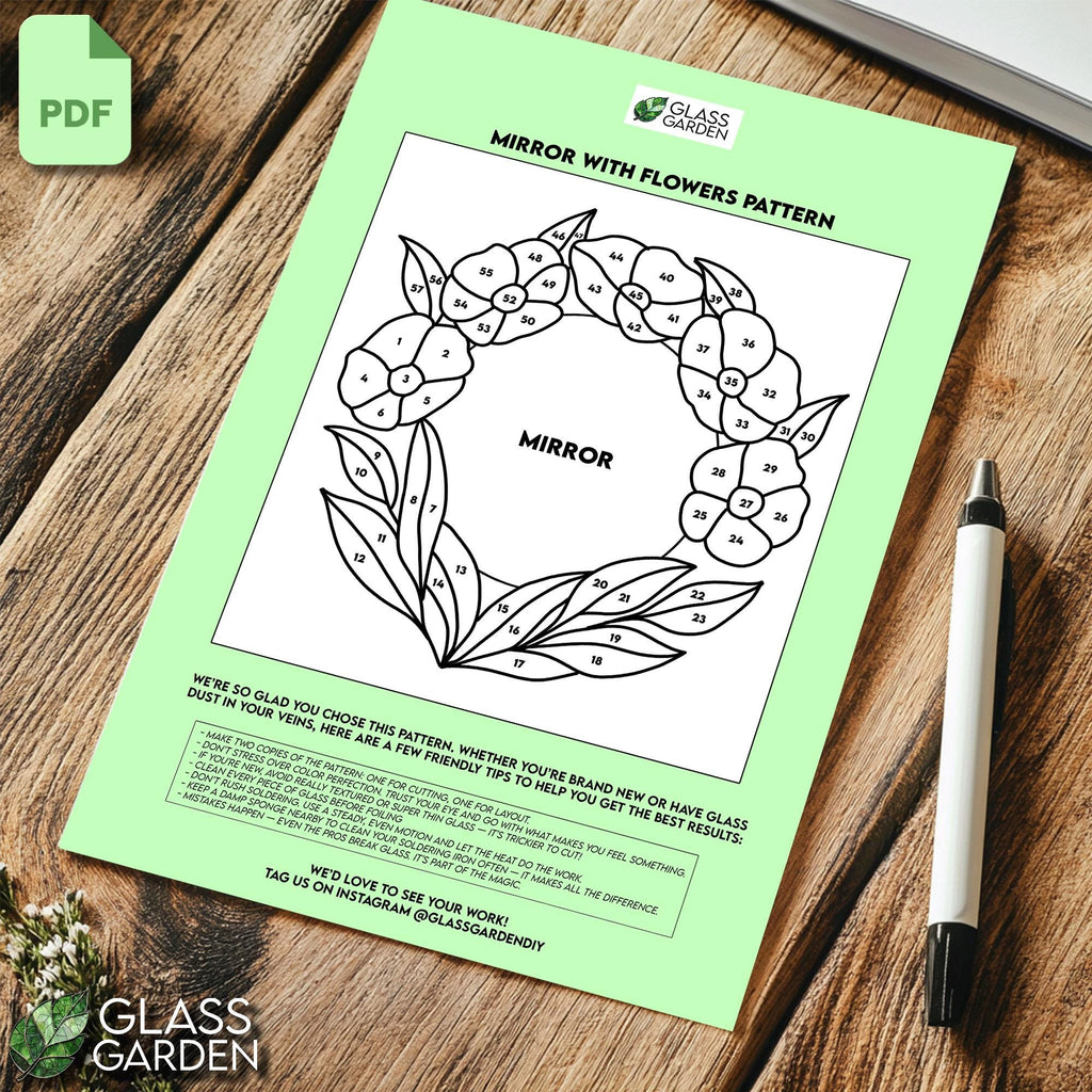 Floral Mirror Frame Stained Glass Pattern PDF – Printable Panel Template | Digital Download for DIY Glass Art