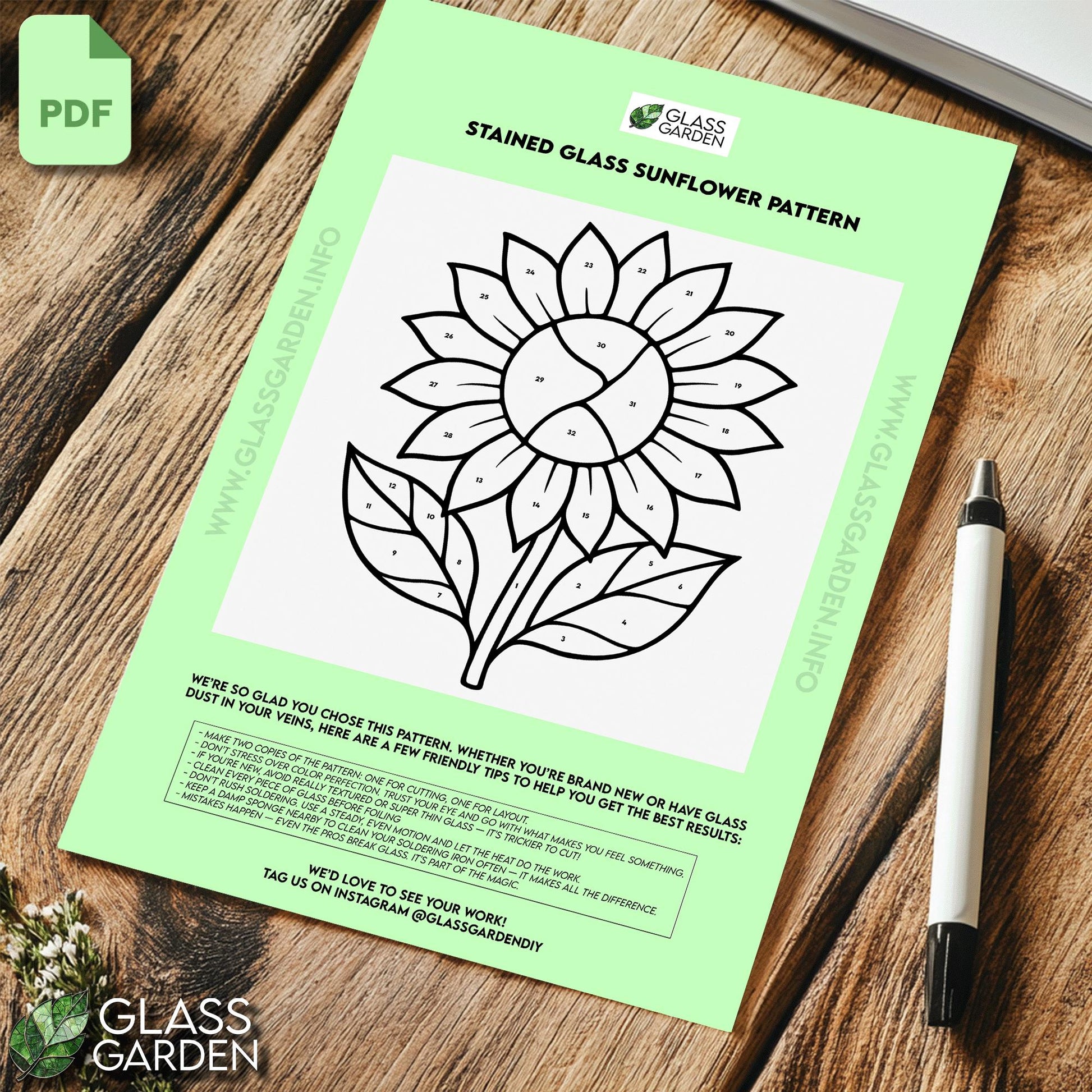 Sunflower Stained Glass Pattern PDF – Tall Summer Floral Suncatcher Design | Digital Download for DIY Window Art
