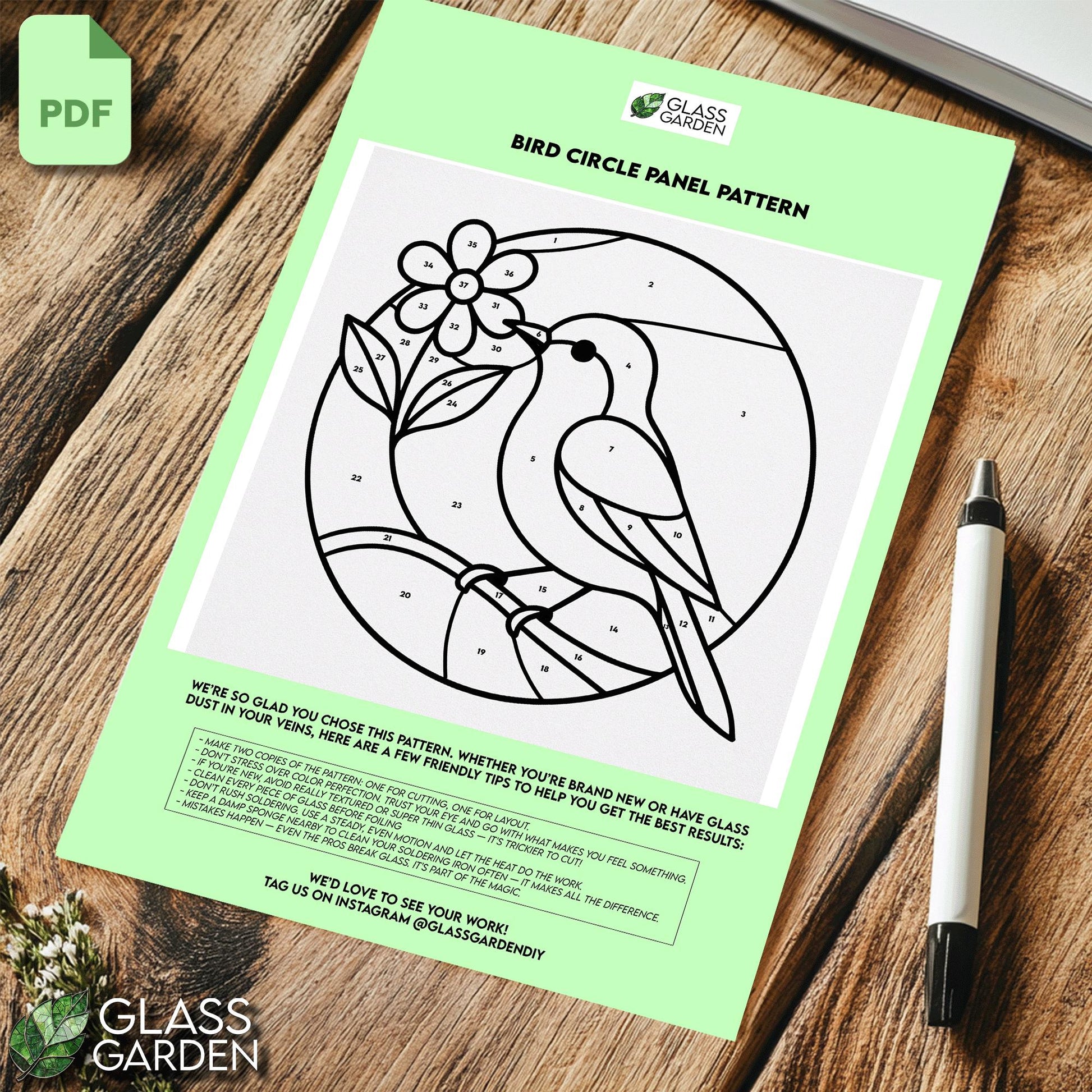 Bird & Blooms Circle Stained Glass Pattern – PDF Digital Download