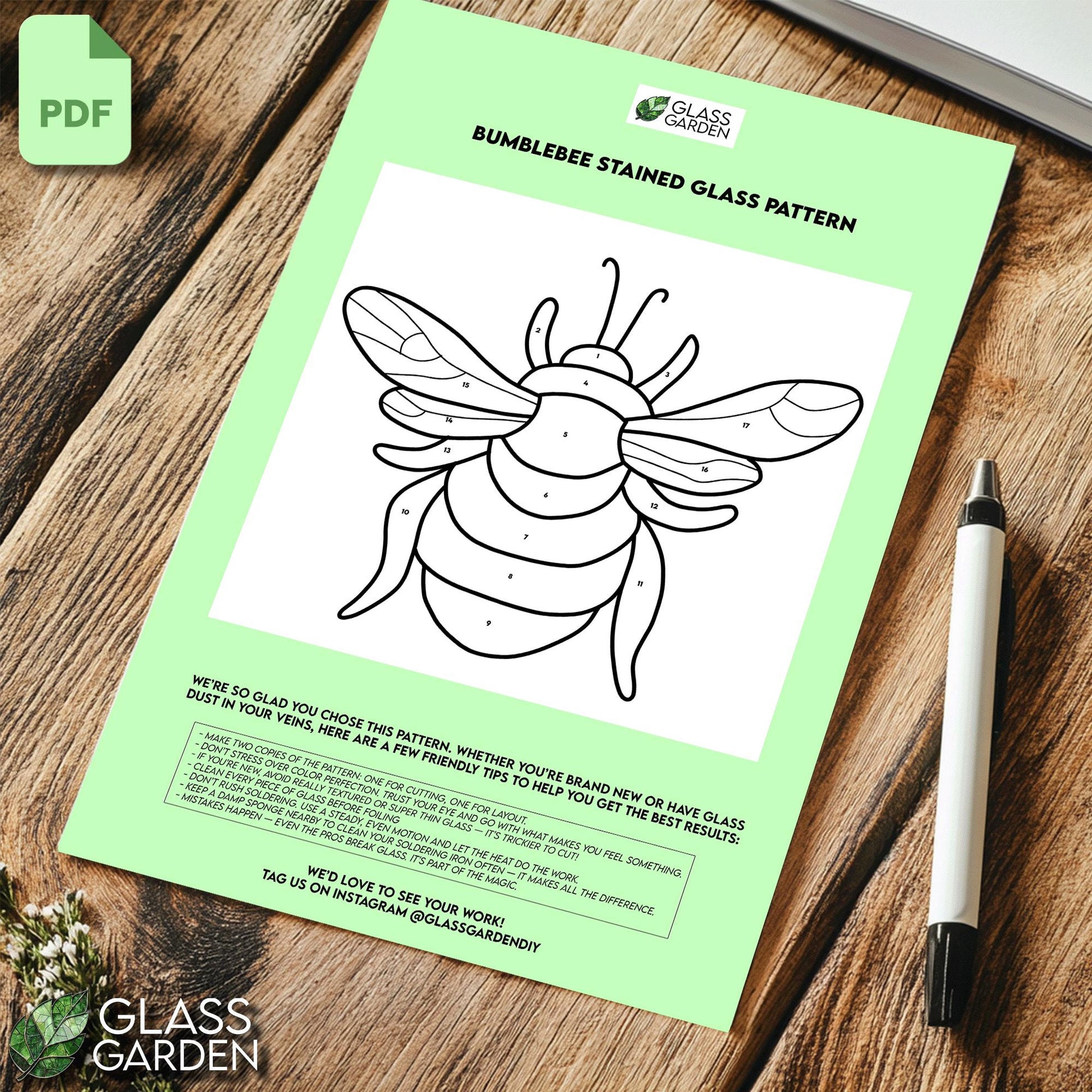 Bumblebee Stained Glass Pattern PDF – Cute Insect Suncatcher Template | Digital Download for DIY Glass Art
