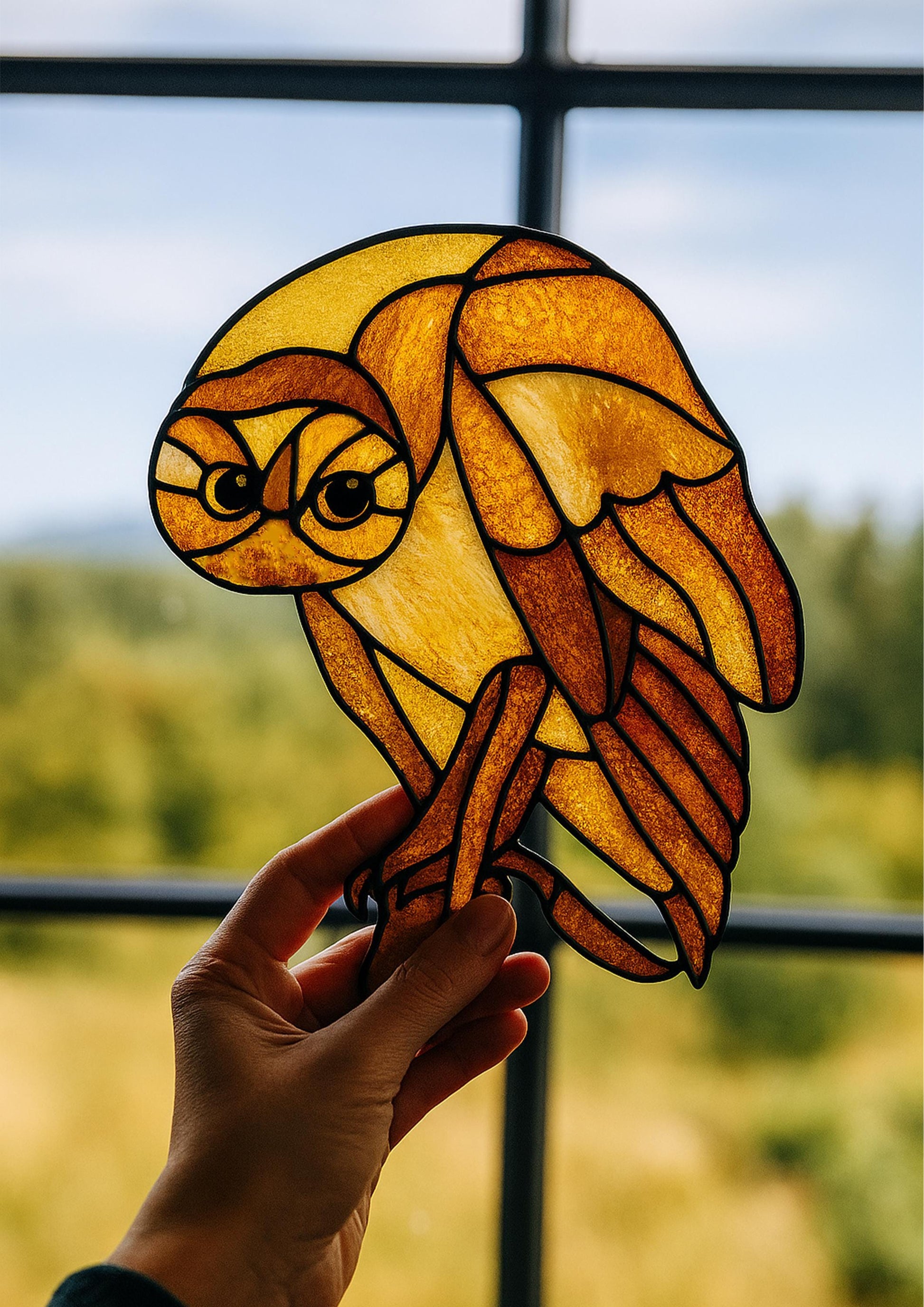 Turned Head Owl Stained Glass Pattern PDF – Unique Barn Owl Suncatcher Design, Elegant Bird Glass Art Template, Digital Download
