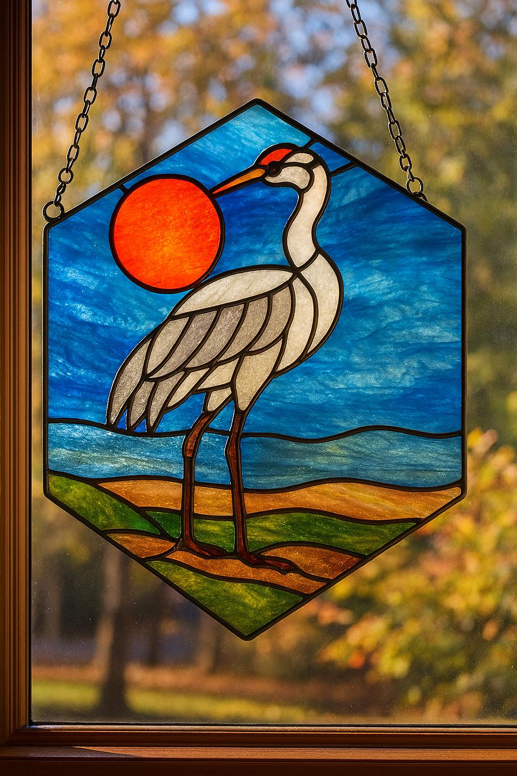Crane and Sunset Stained Glass Pattern – Majestic Bird PDF Template, Digital Suncatcher Pattern for Copper Foil Glass Art