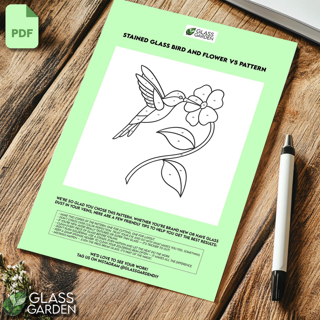 Hummingbird & Flower Stained Glass Pattern – Whimsical Garden Art (PDF Download)