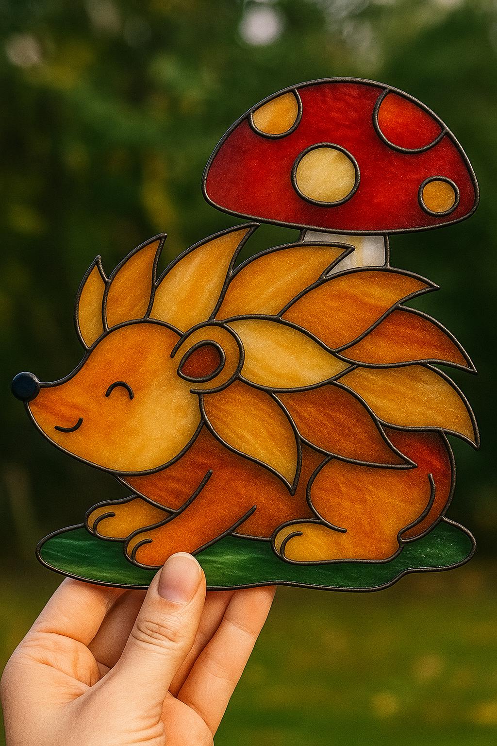Hedgehog with Mushroom Stained Glass Pattern – Cute Woodland Animal Digital PDF Template