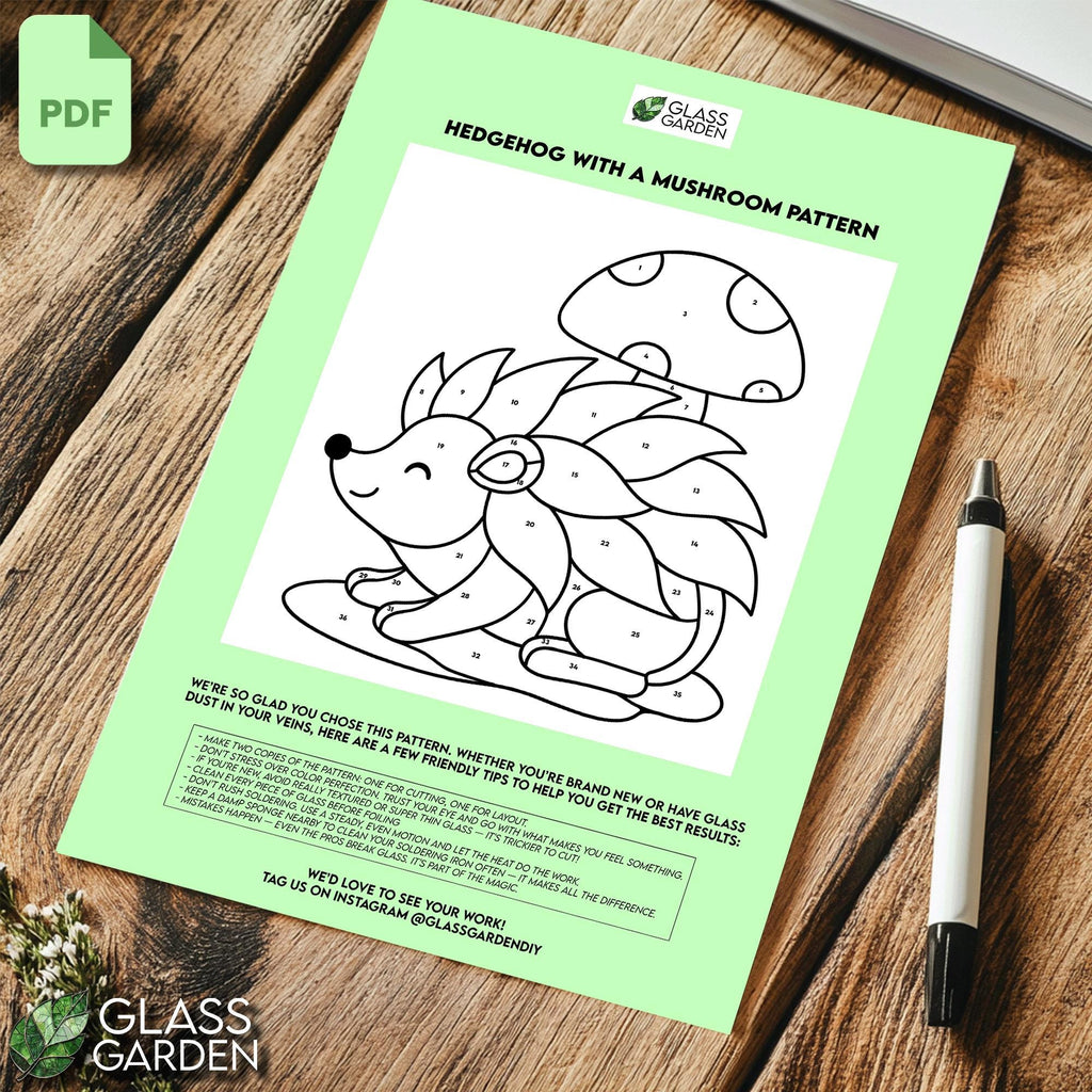 Hedgehog with Mushroom Stained Glass Pattern – Cute Woodland Animal Digital PDF Template