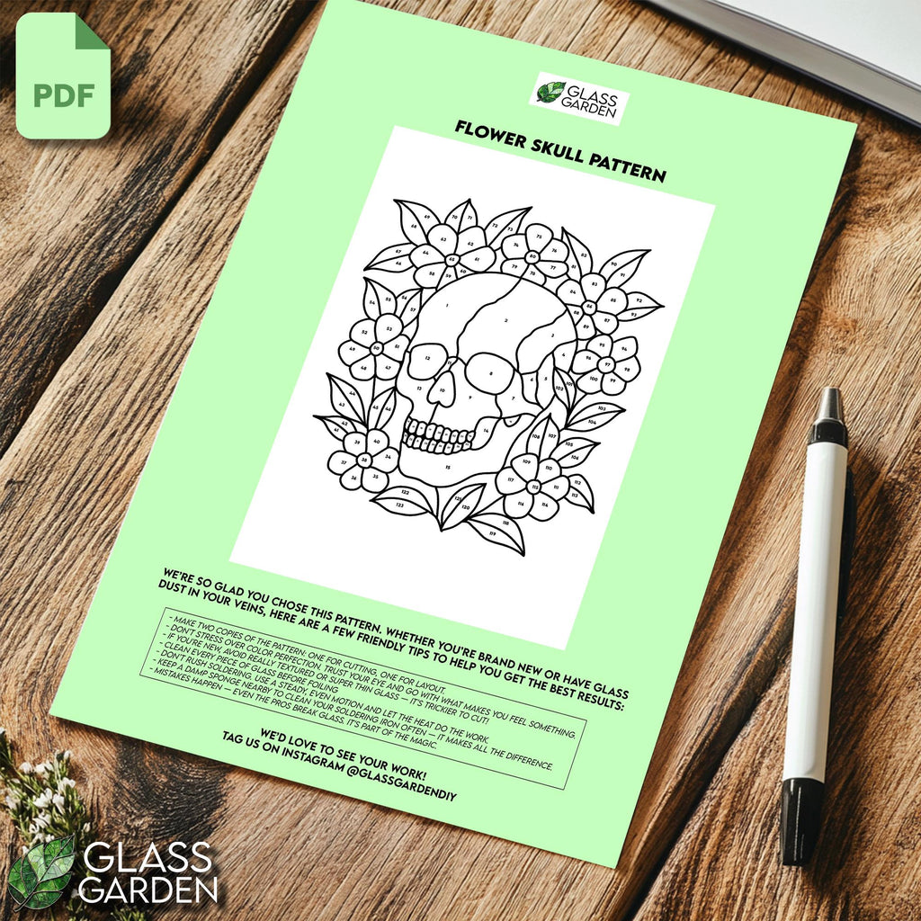 Skull with Flowers Stained Glass Pattern PDF – Floral Gothic Panel Template | Digital Download for DIY Glass Art