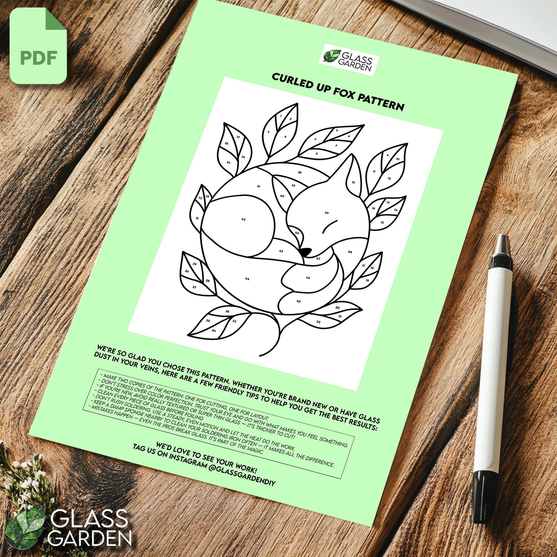Sleeping Fox Stained Glass Pattern – Cute Woodland Animal Digital PDF Template