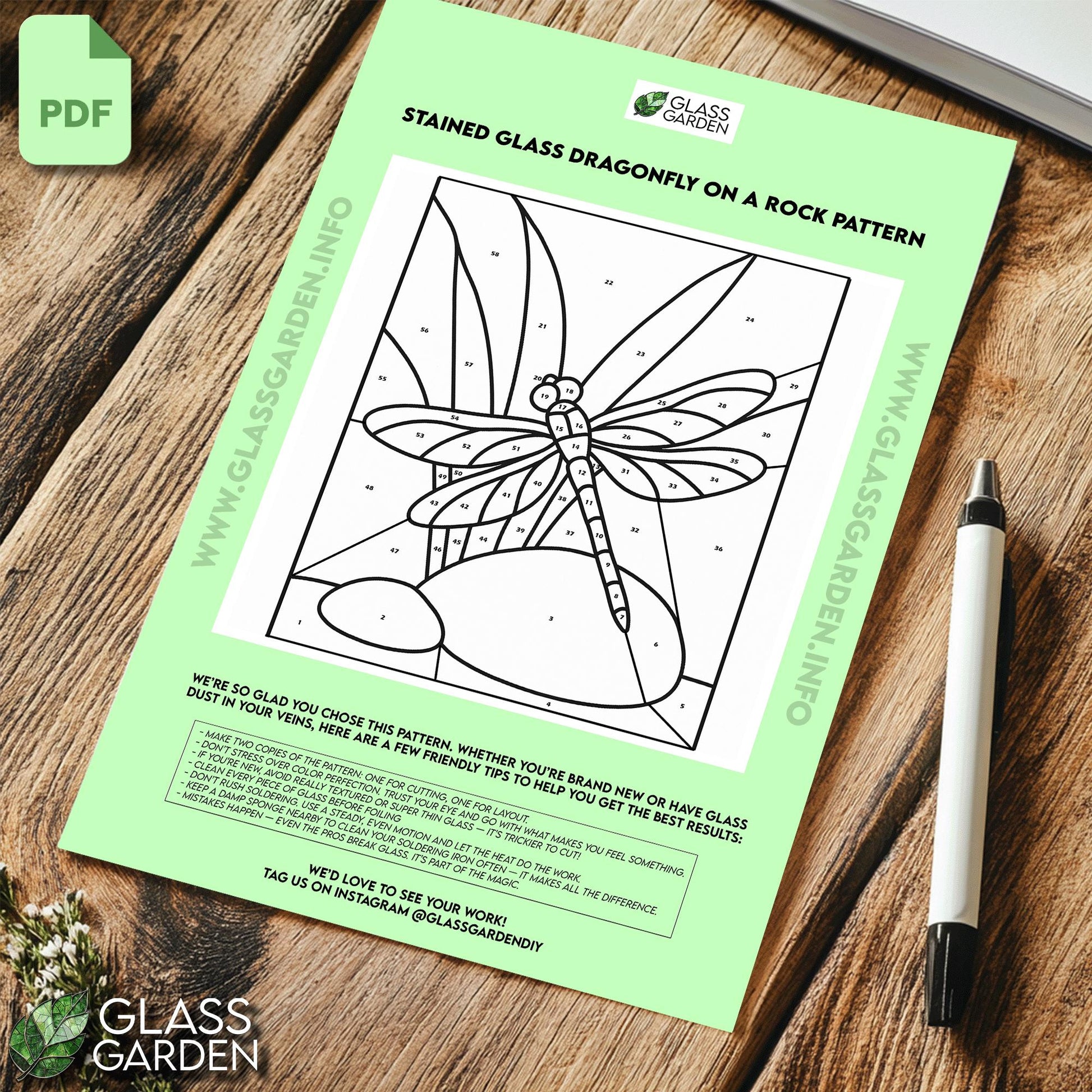 Dragonfly & River Stones Stained Glass Pattern – Peaceful Nature Scene (PDF Download)