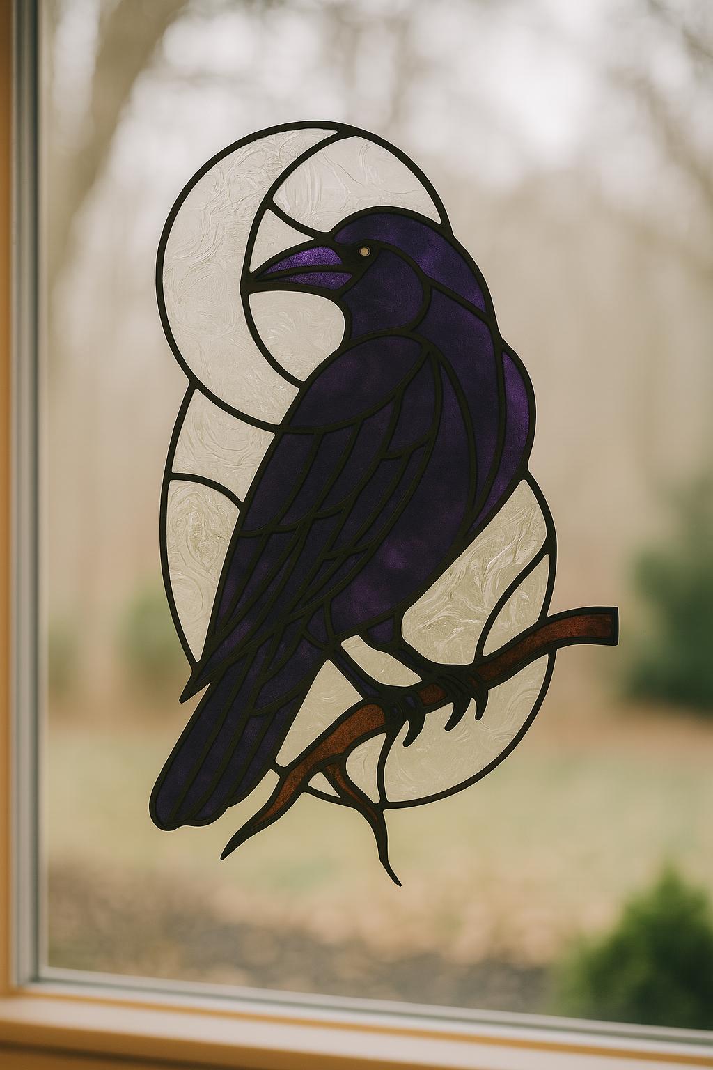 Moonlit Raven Stained Glass Pattern – Mysterious Bird on Branch (PDF Template)