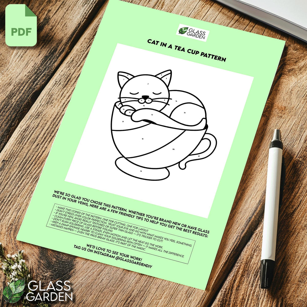 Sleeping Cat in Teacup Stained Glass Pattern – Whimsical Cozy Animal PDF Template