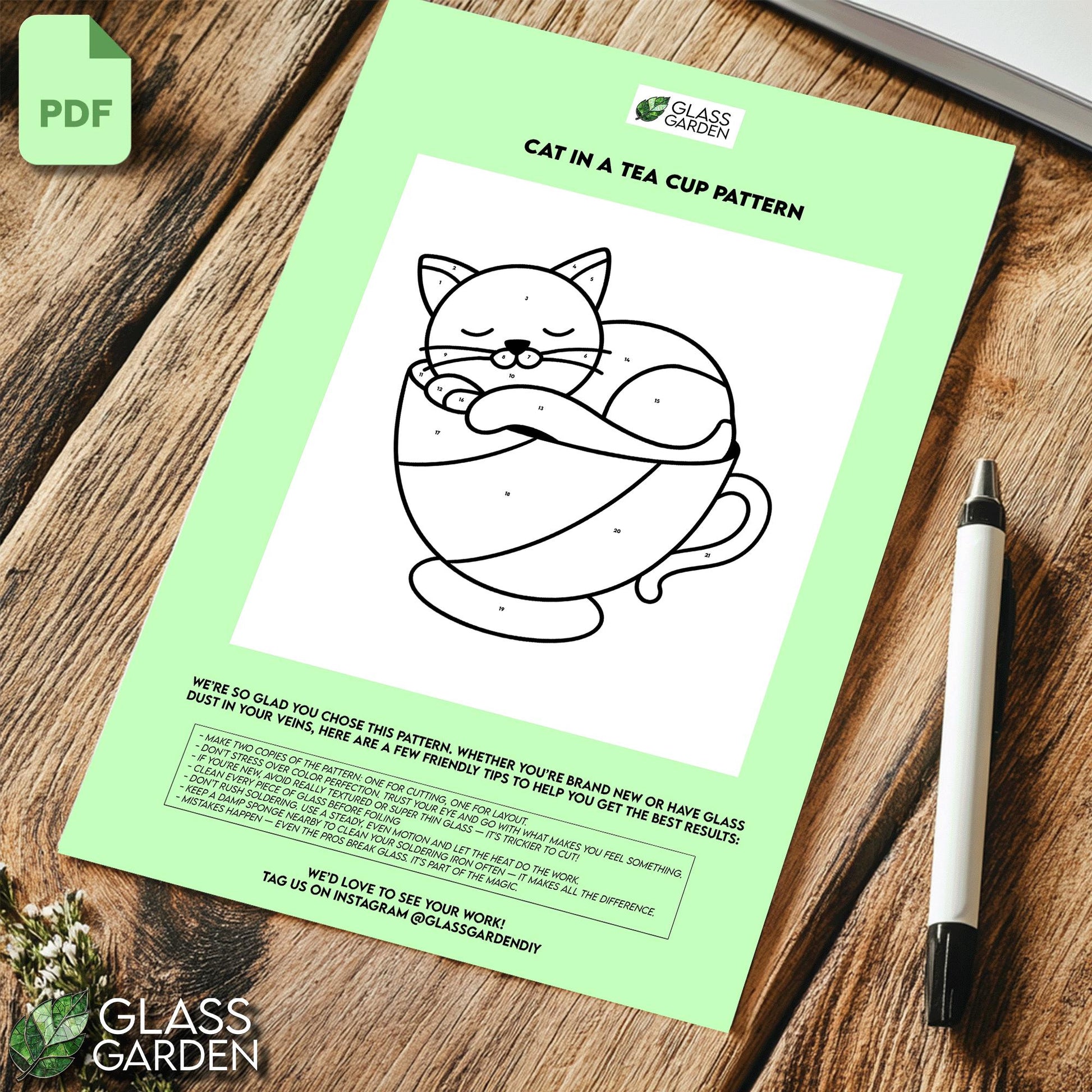 Sleeping Cat in Teacup Stained Glass Pattern – Whimsical Cozy Animal PDF Template